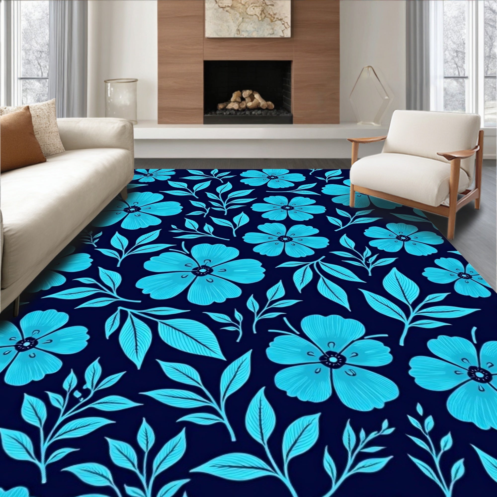 Bright Cyan Floral Dark Pattern Rug