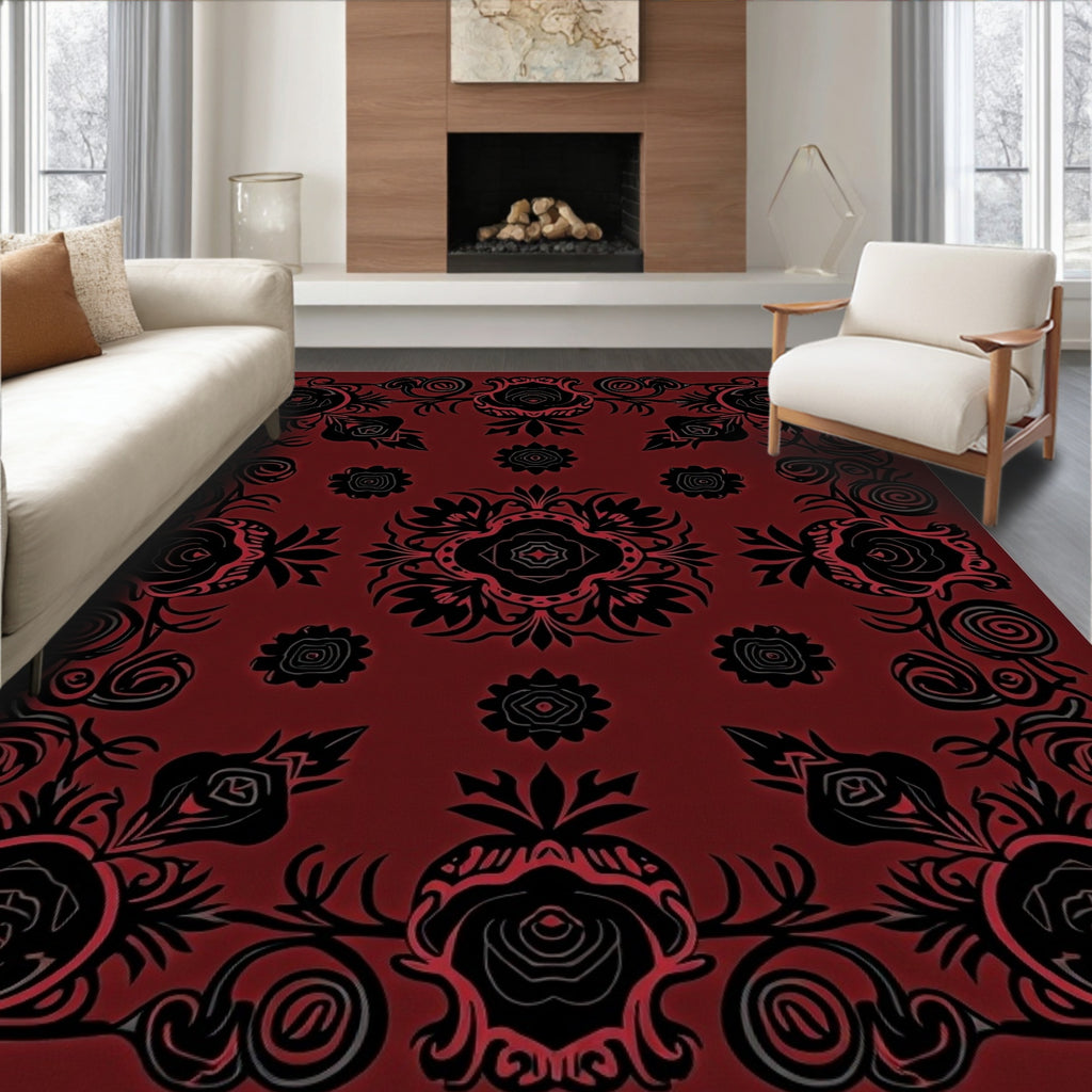 Deep Red Black Floral Scroll Medallion Rug