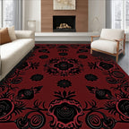 Deep Red Black Floral Scroll Medallion Rug
