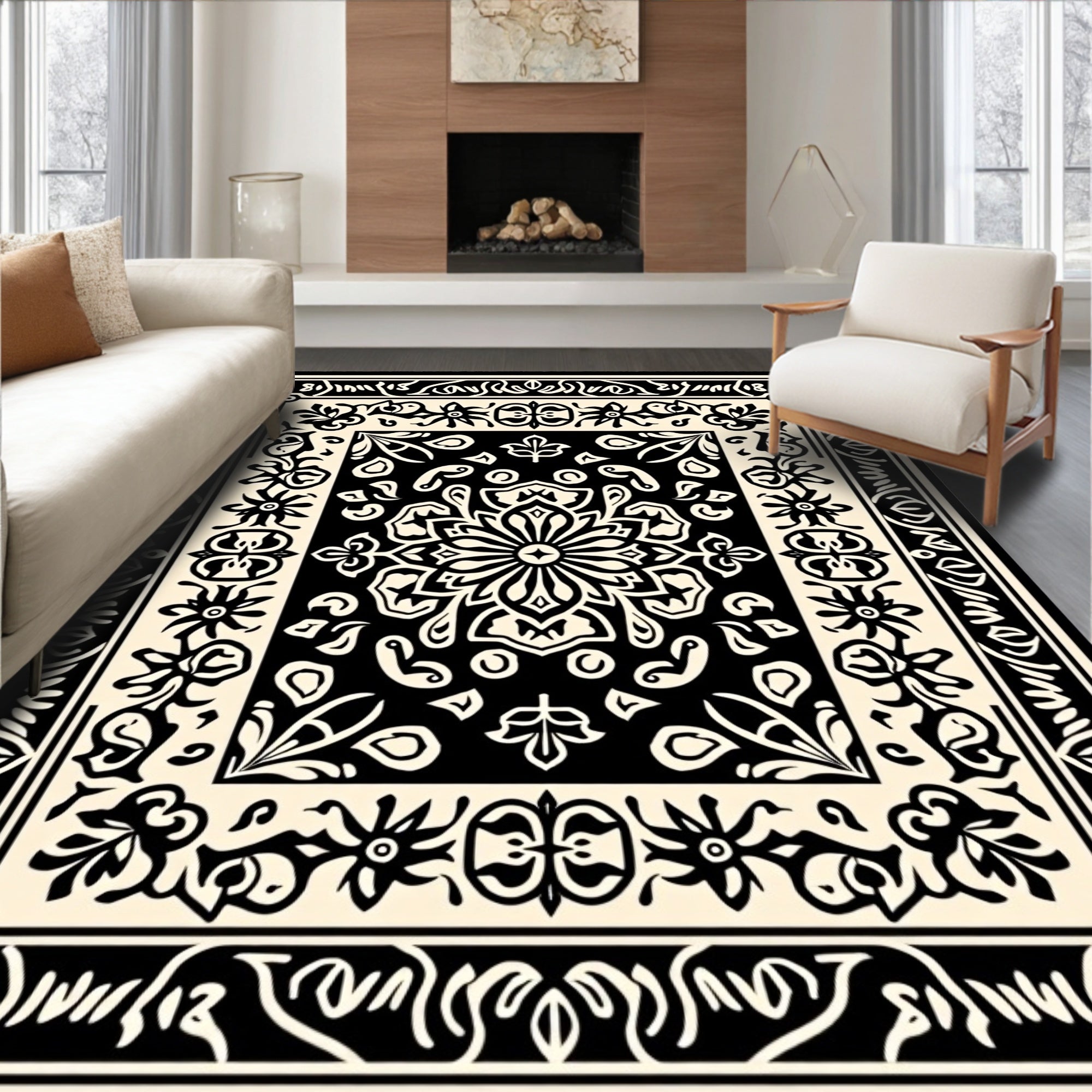 Bold Black Floral Medallion Rug