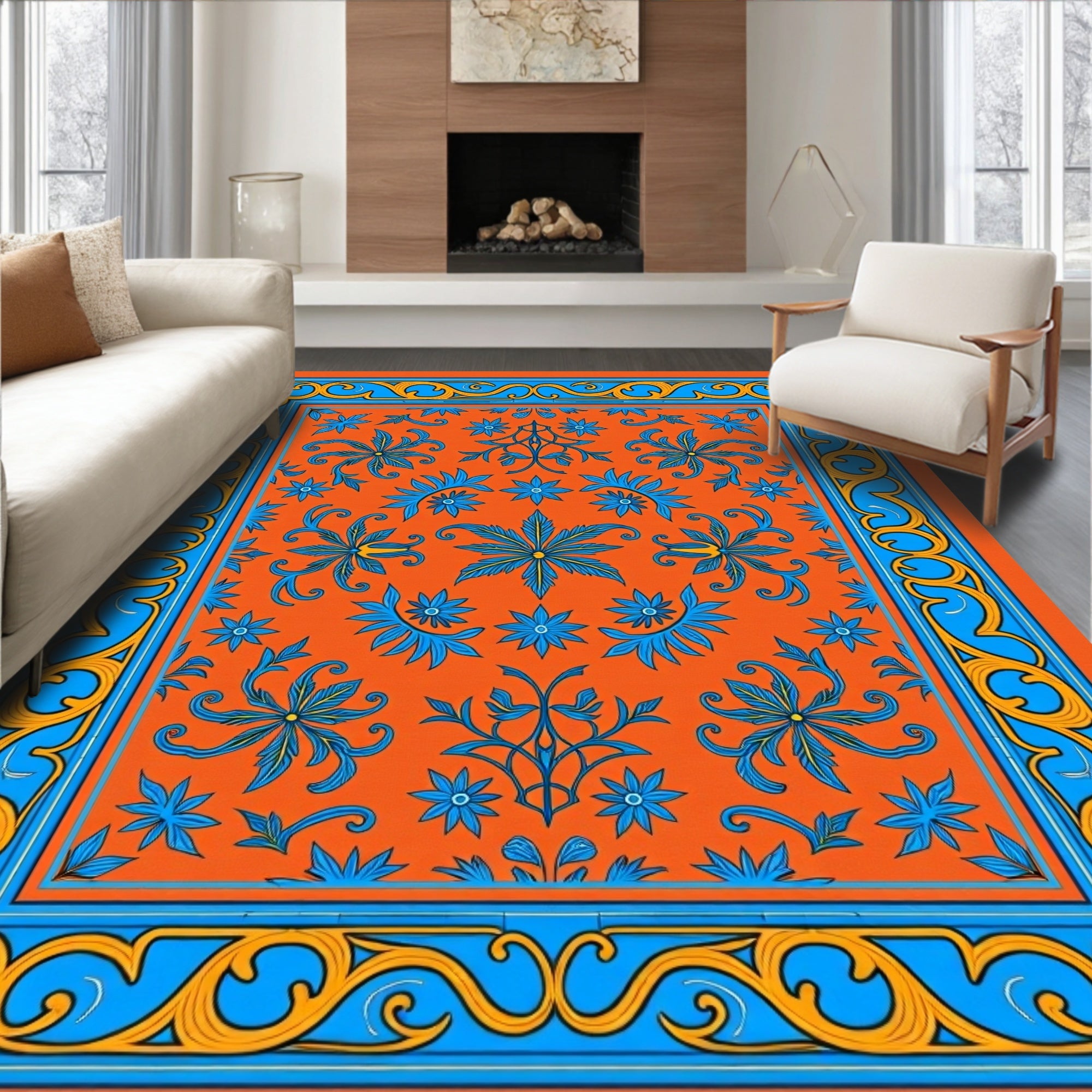 Vibrant Orange Blue Floral Scroll Area Rug