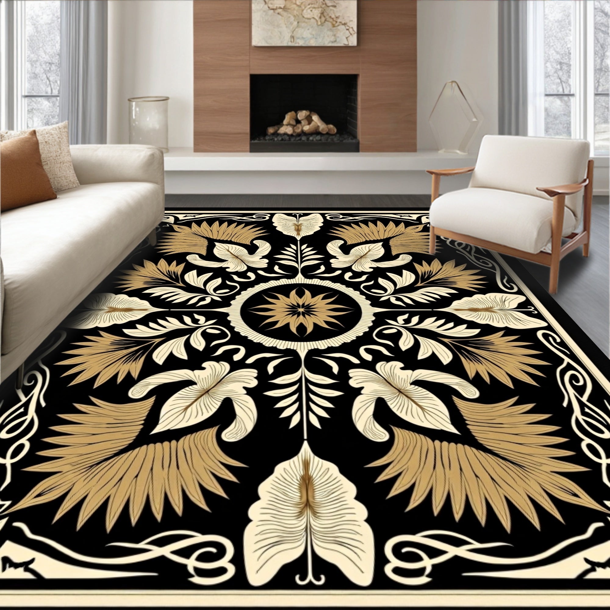 Elegant Gold Leaf Floral Motif Rug