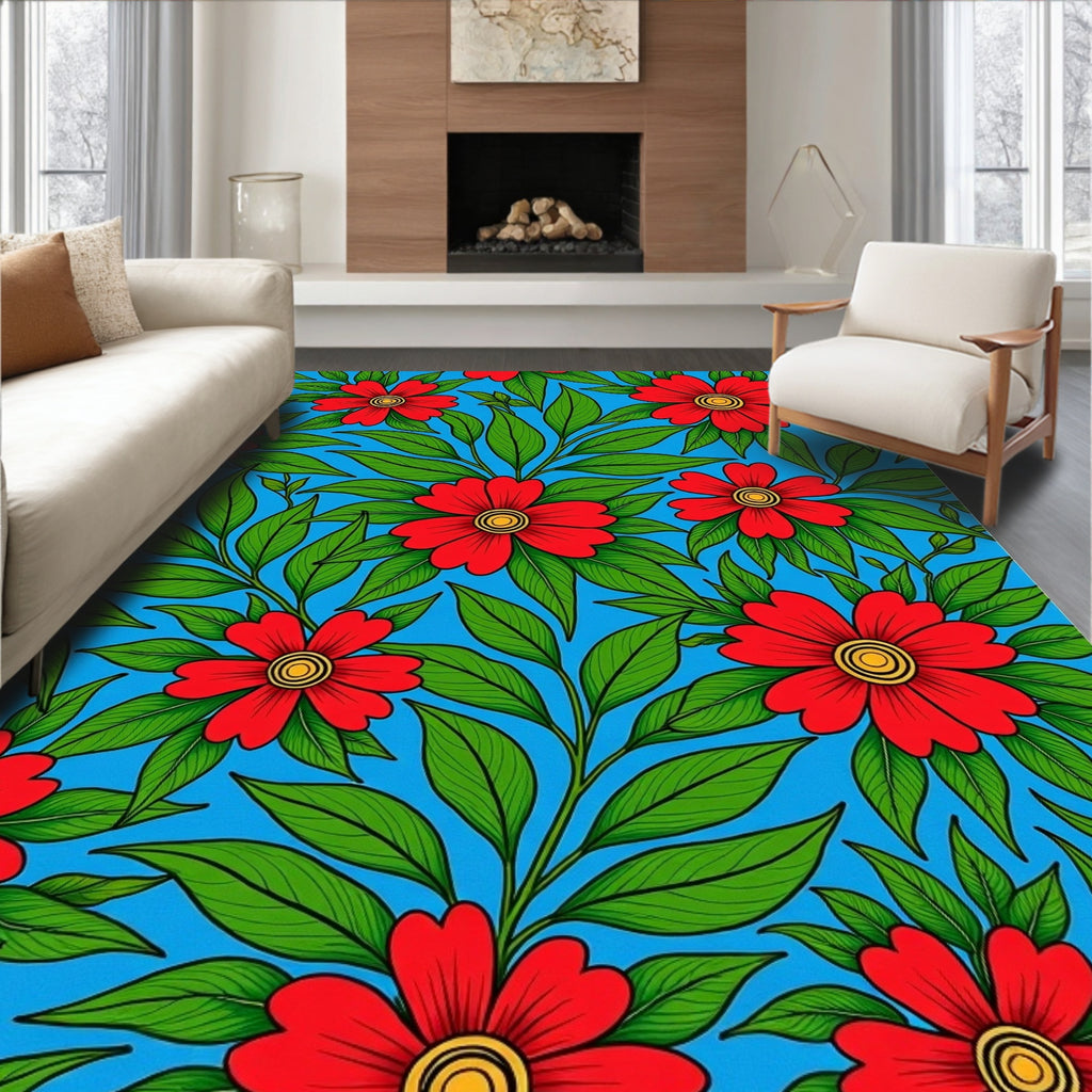 Red Floral Vivid Blue Pattern Rug