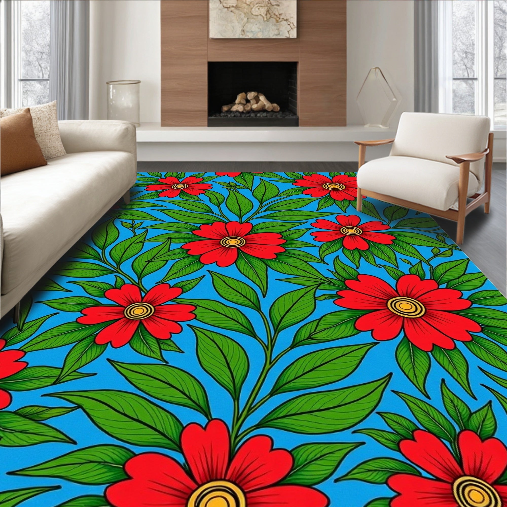 Red Floral Vivid Blue Pattern Rug