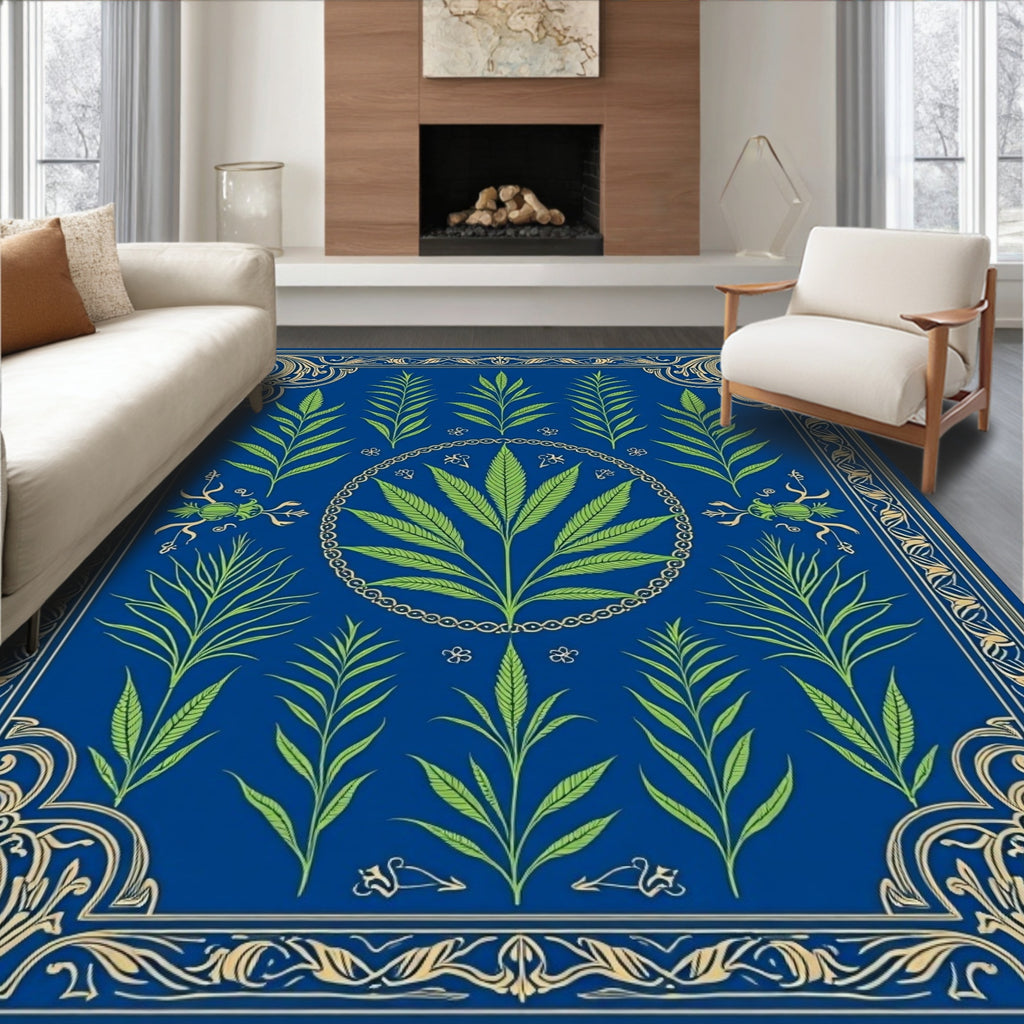 Royal Blue Green Leaf Ornate Border Rug