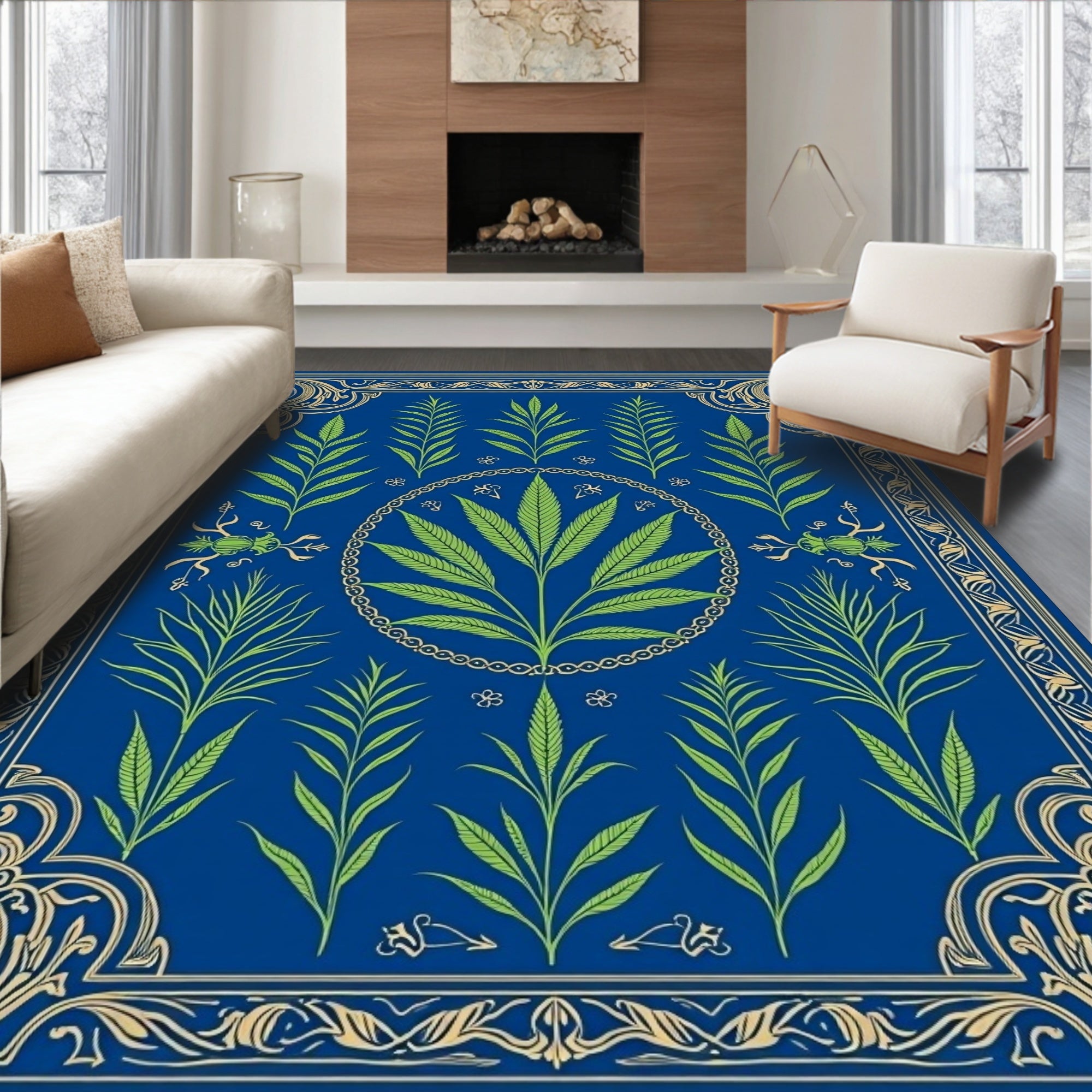 Royal Blue Green Leaf Ornate Border Rug