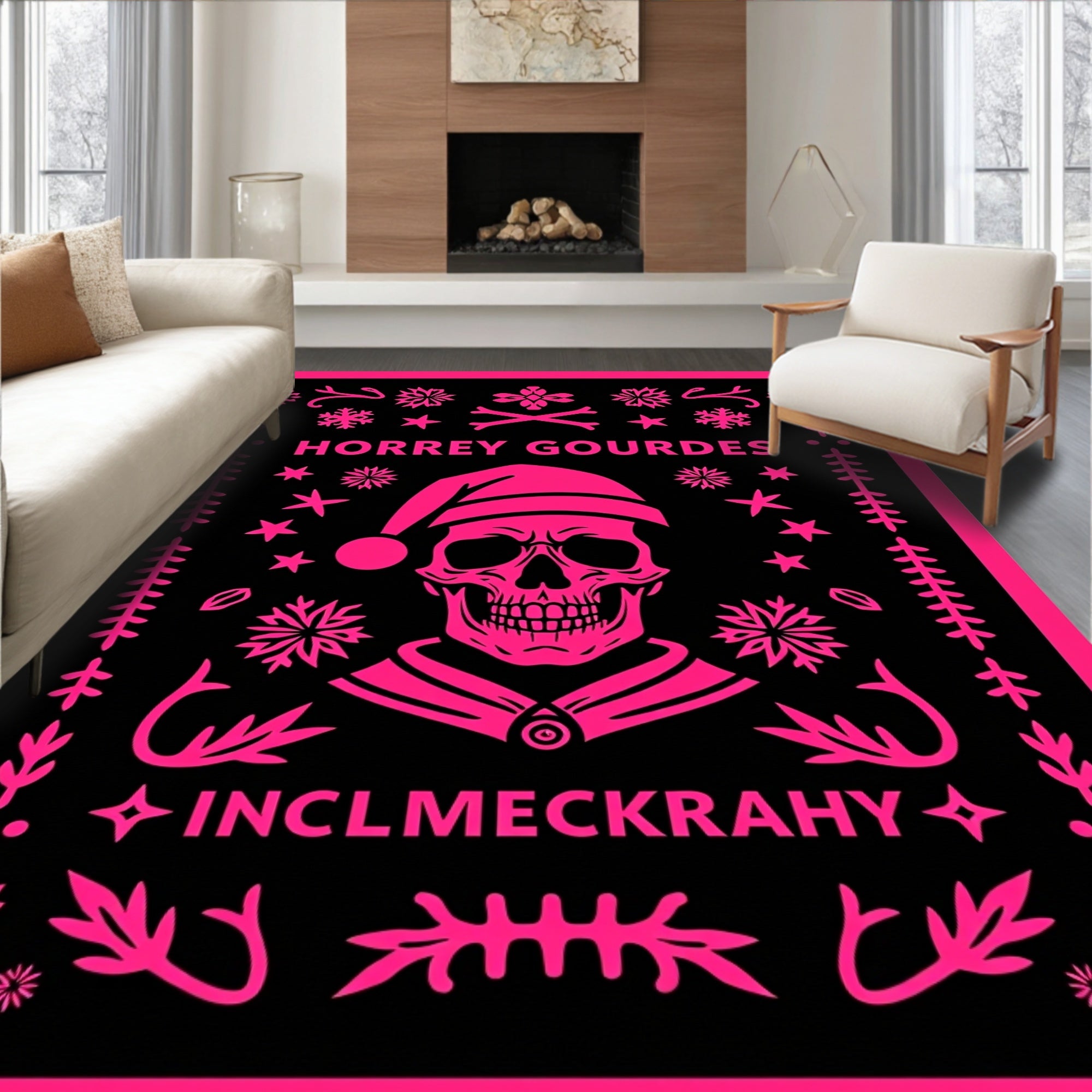 Bright Pink Skull Festive Border Rug