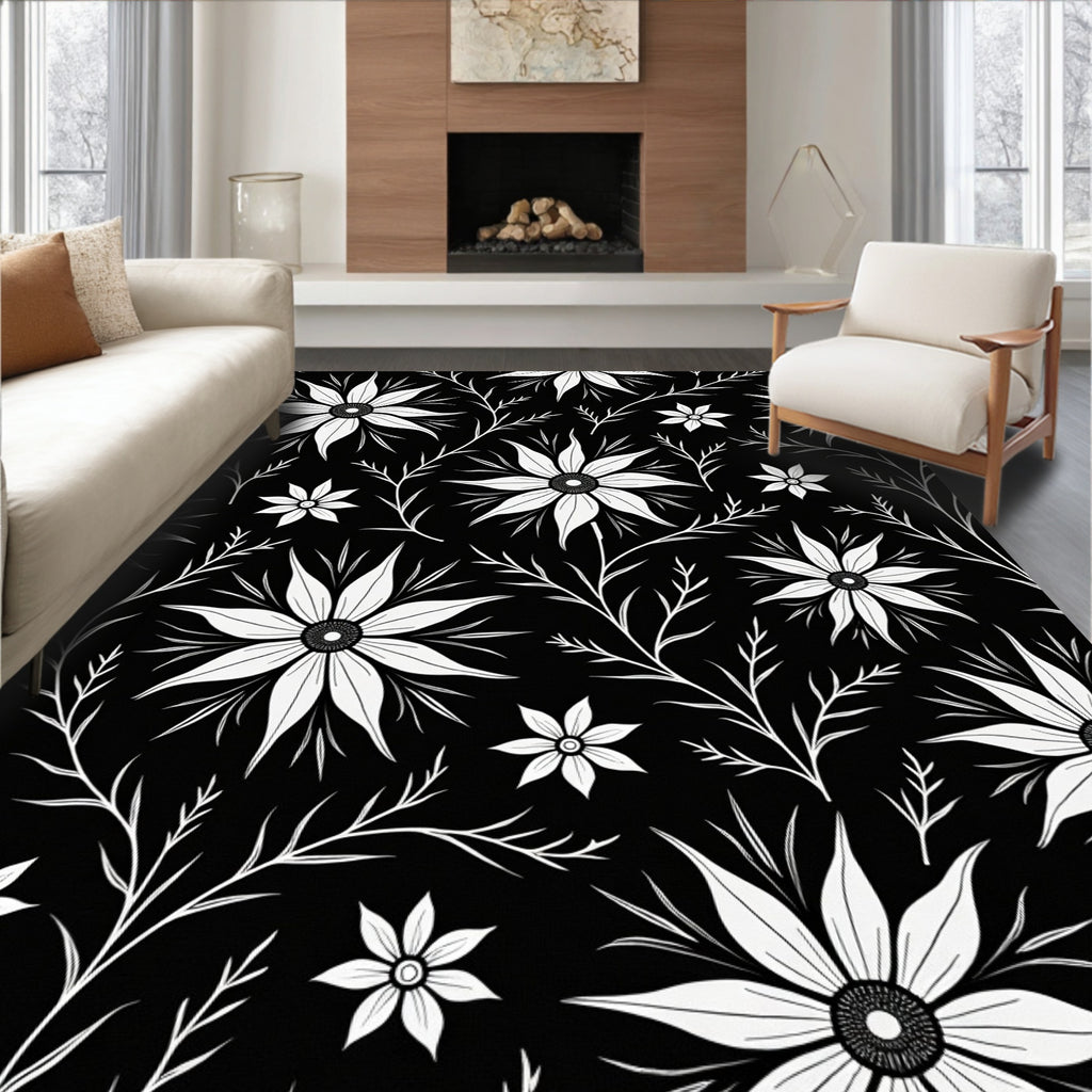 Black White Floral Botanical Art Rug