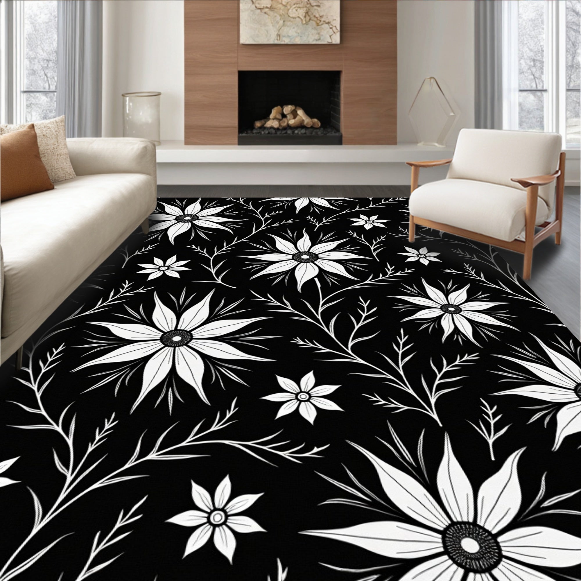 Black White Floral Botanical Art Rug