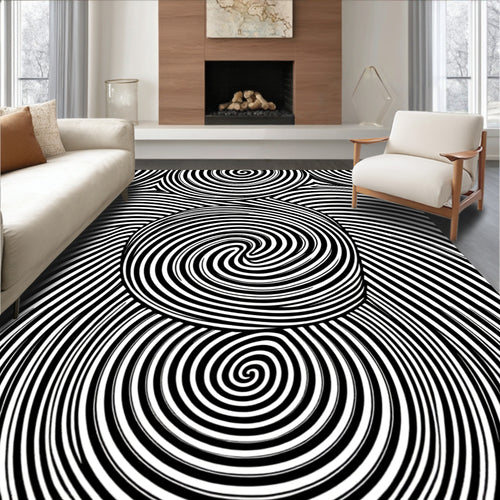 Abstract Swirl Black White Line Design Rug
