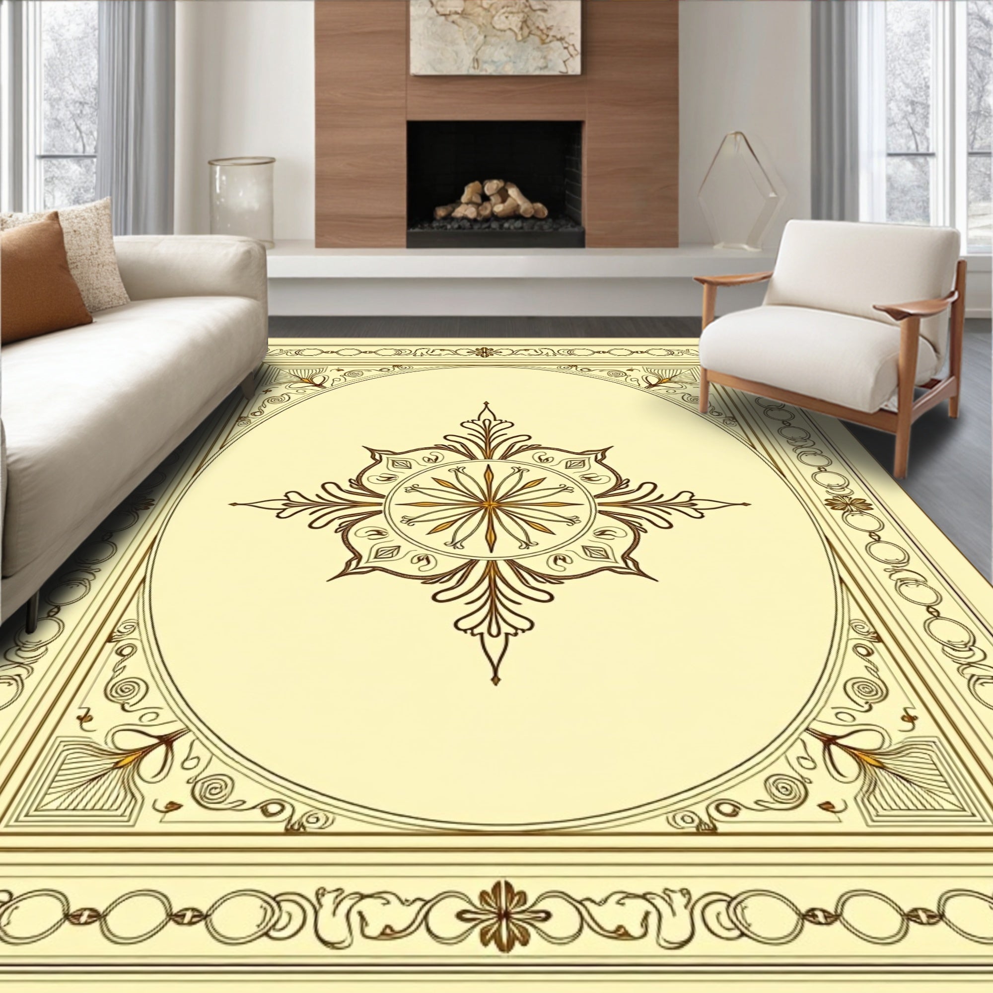 Cream Brown Ornate Floral Medallion Rug