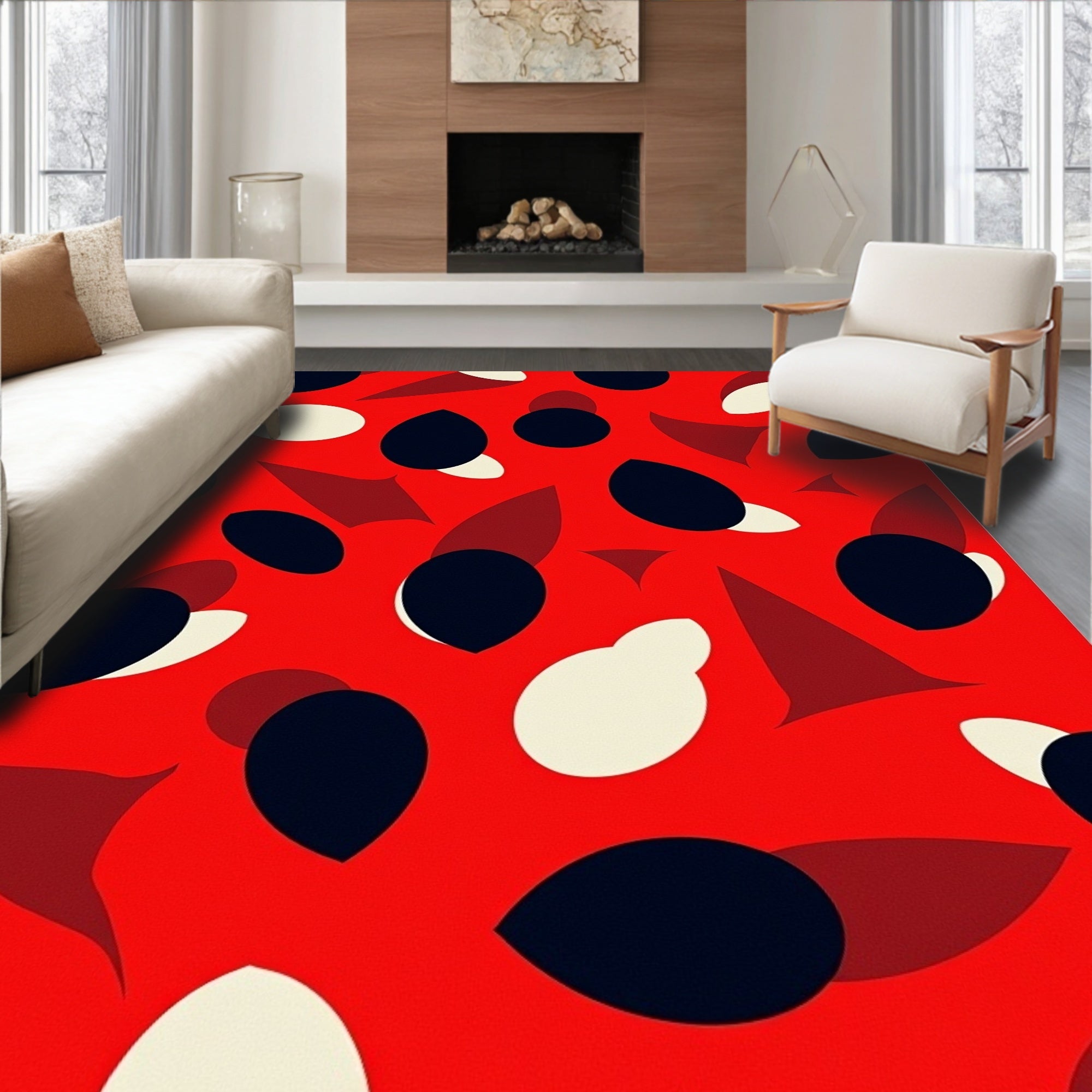 Bold Abstract Shapes Red Background Rug