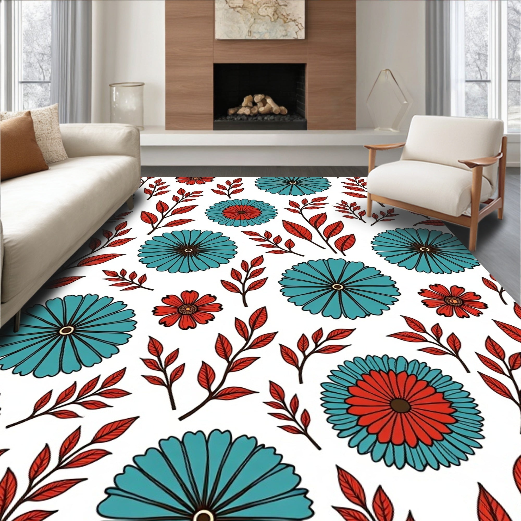 Floral Spray Pattern with Teal Red Blooms Rug