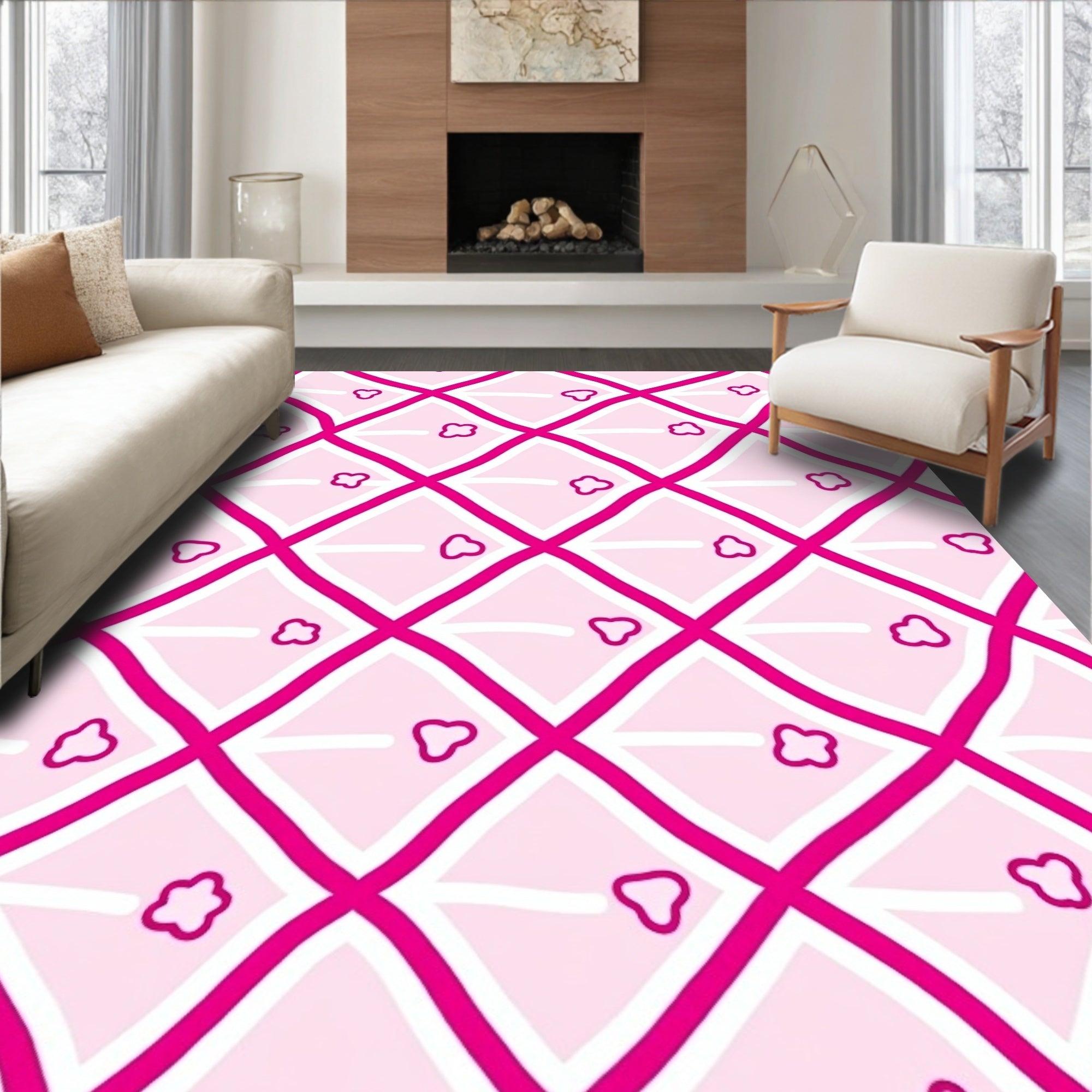 Pink Diamond Pattern with Cloud Shapes Rug