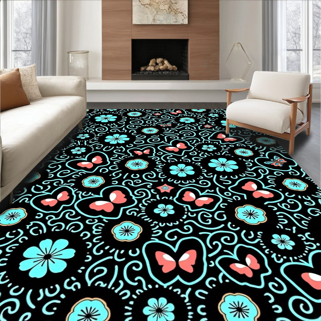 Whimsical Butterfly Floral Swirl Pattern Rug