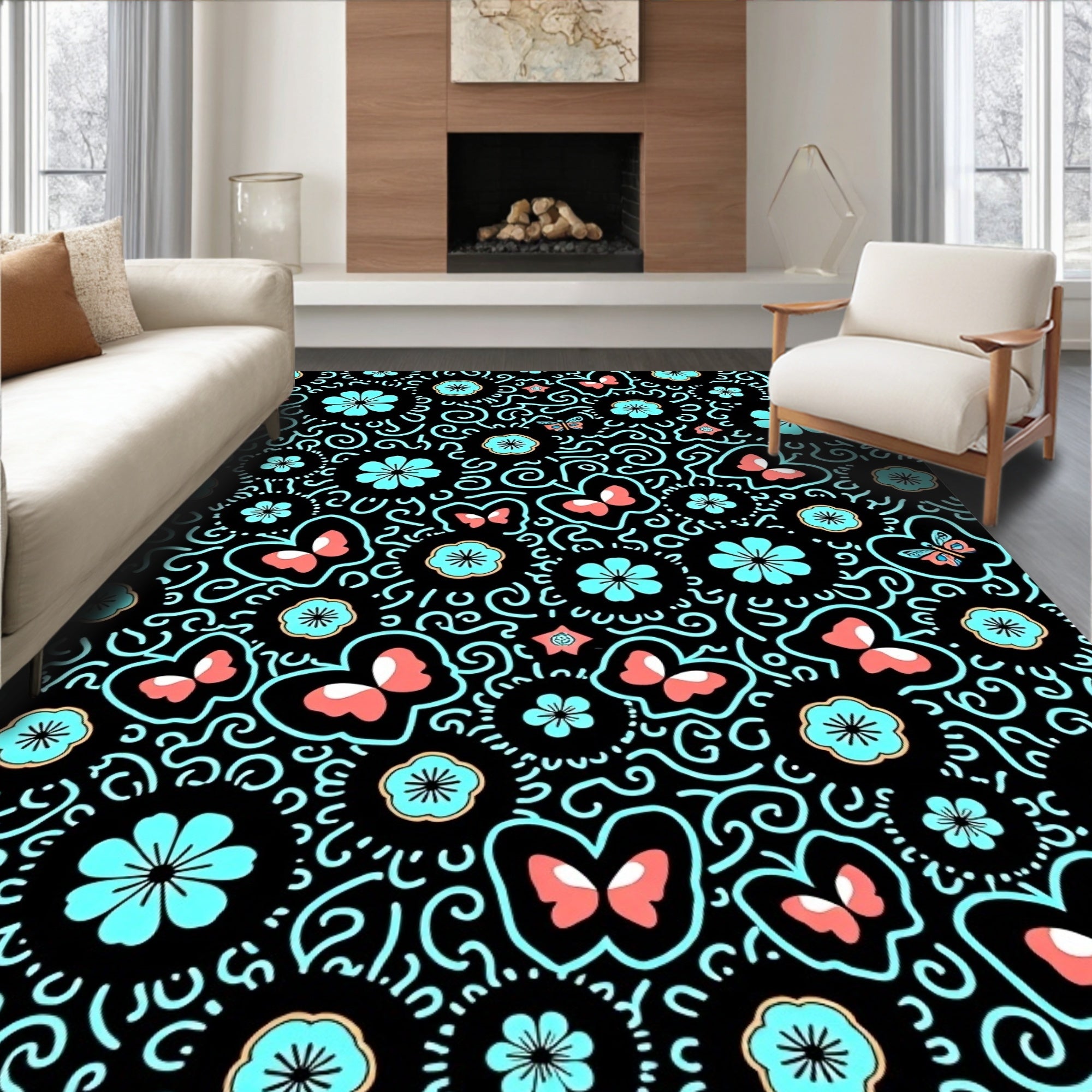 Whimsical Butterfly Floral Swirl Pattern Rug