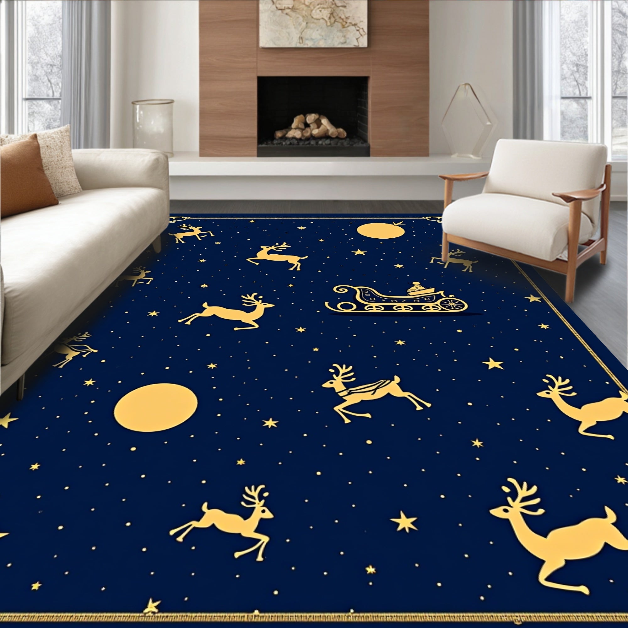 Golden Reindeer Sleigh Night Sky Pattern Rug