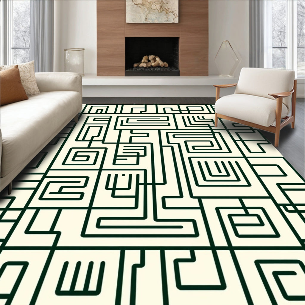 Geometric Maze Black Cream Pattern Rug