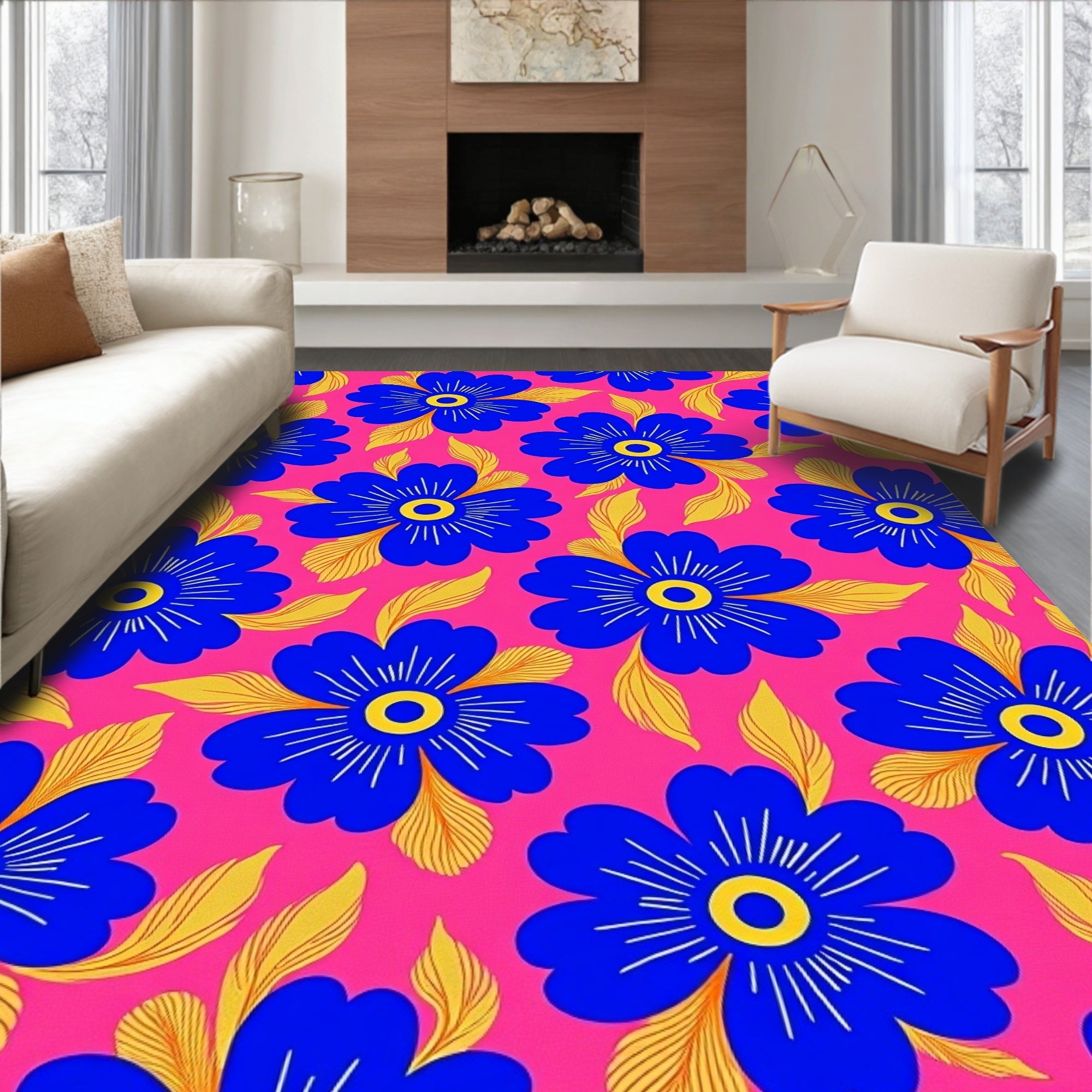 Vibrant Blue Floral Pattern Rug