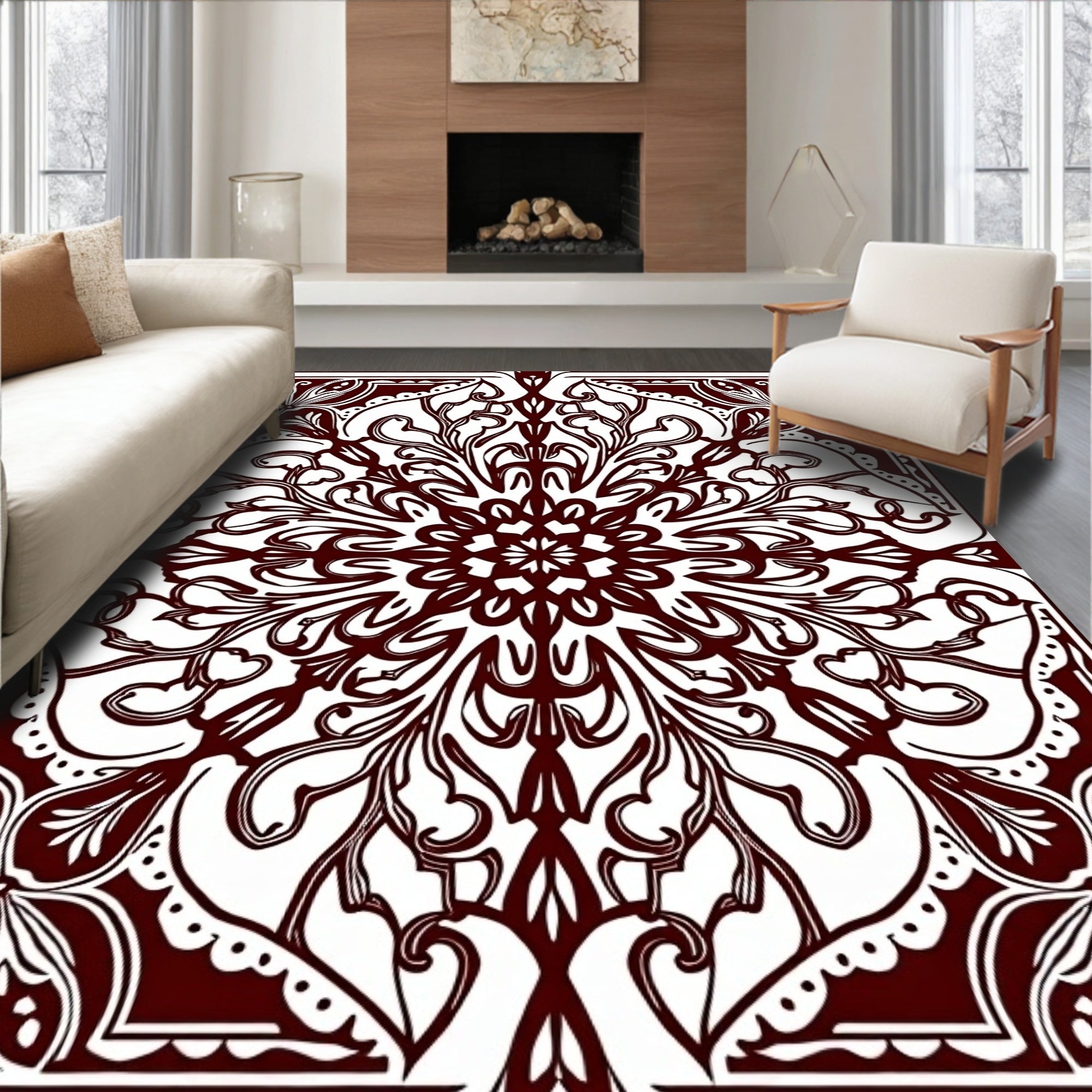 Dark Red Floral Mandala Harmony Rug
