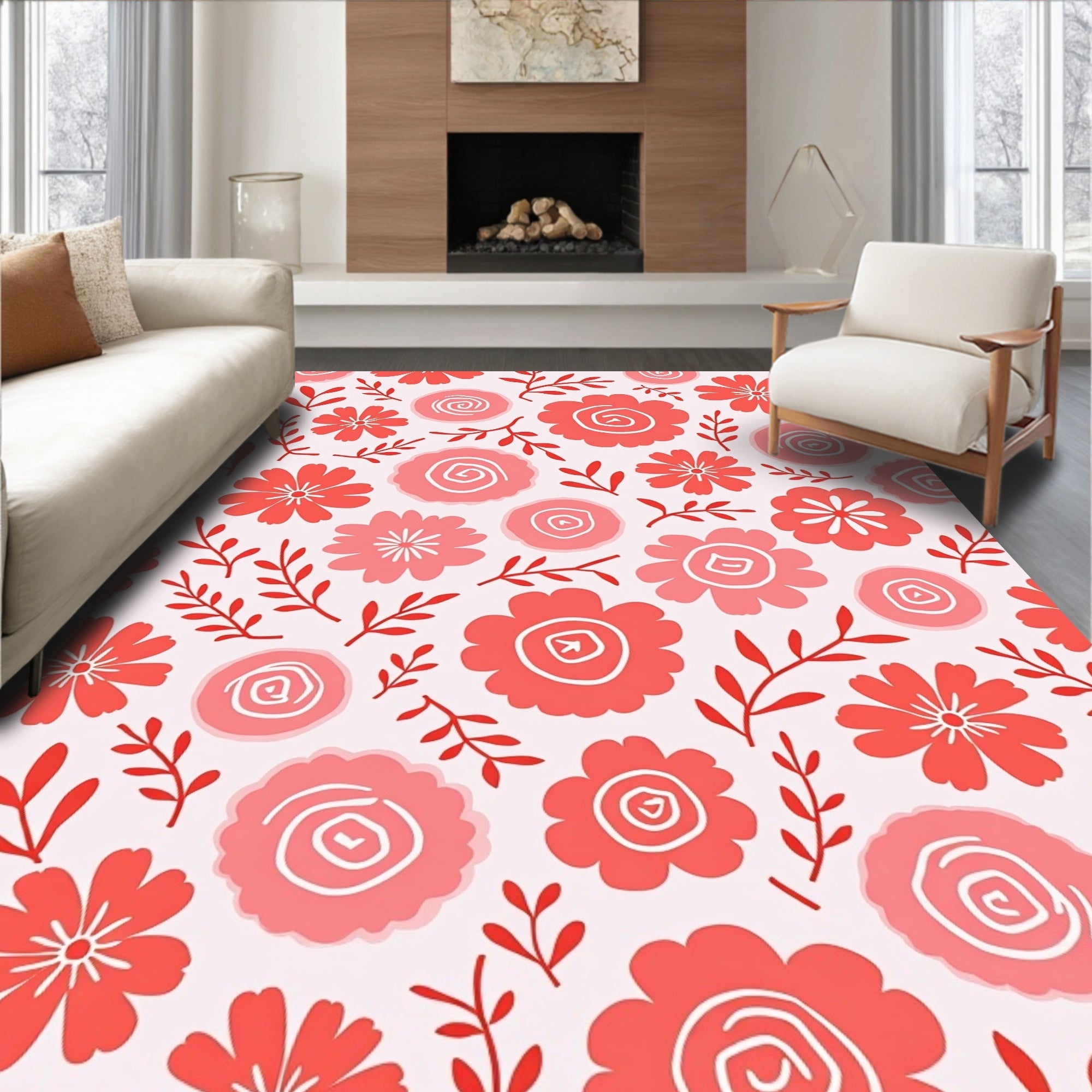 Coral Pink Floral Swirl Design Rug