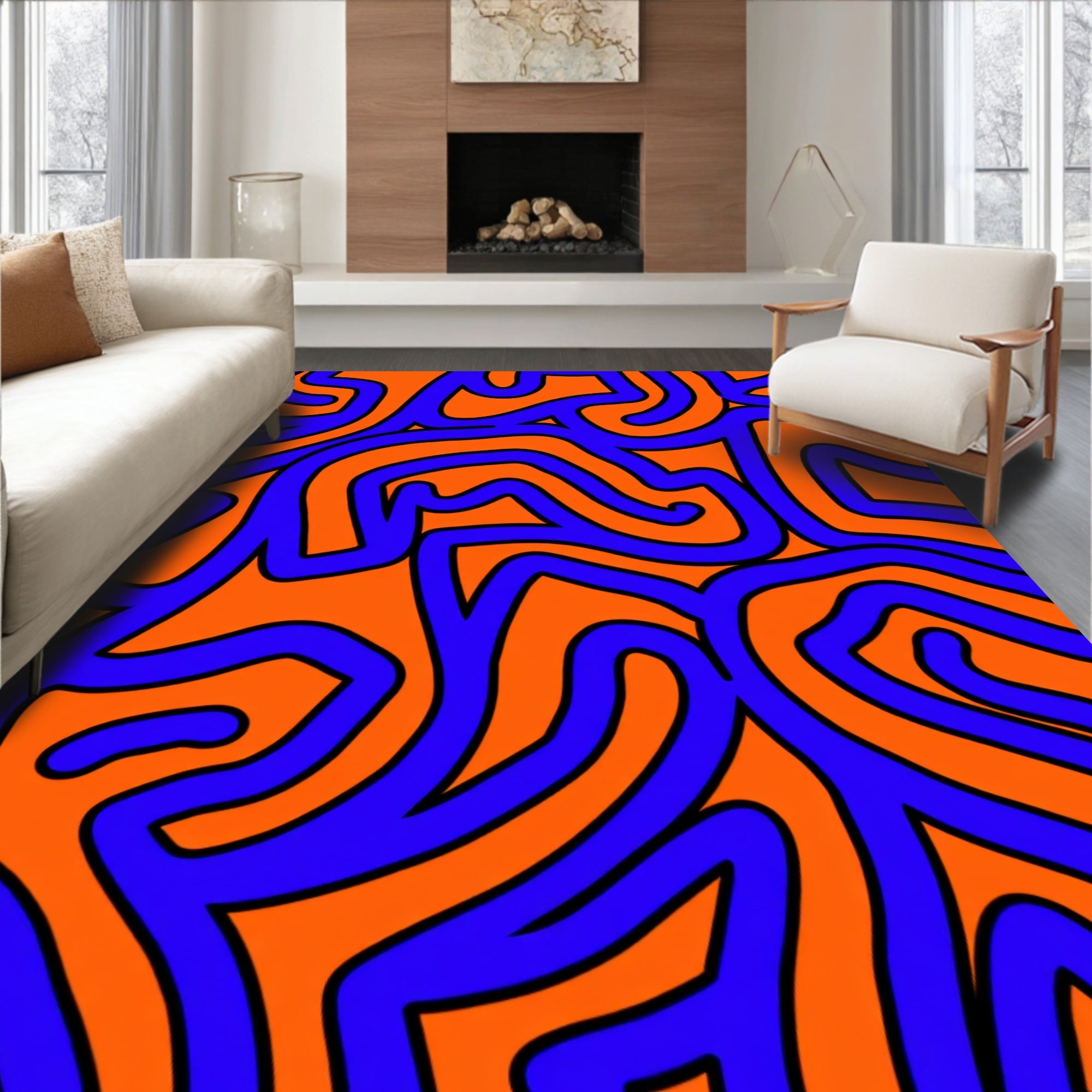 Bold Blue Orange Abstract Swirl Pattern Rug