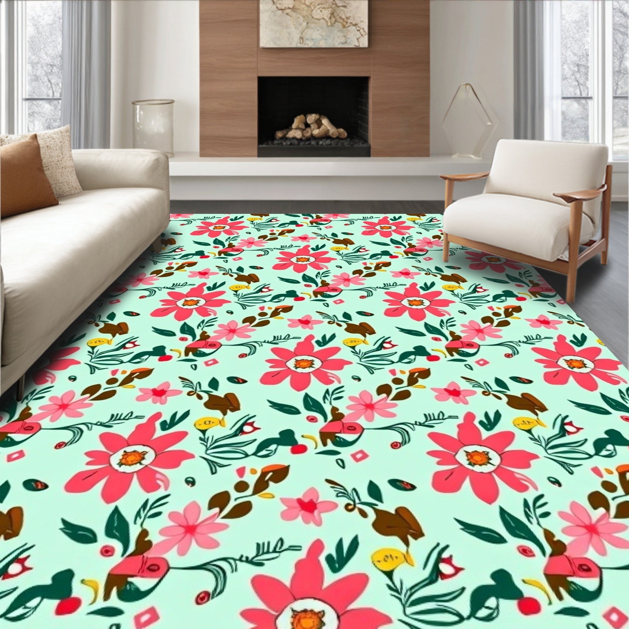 Playful Pink Floral Pattern Rug