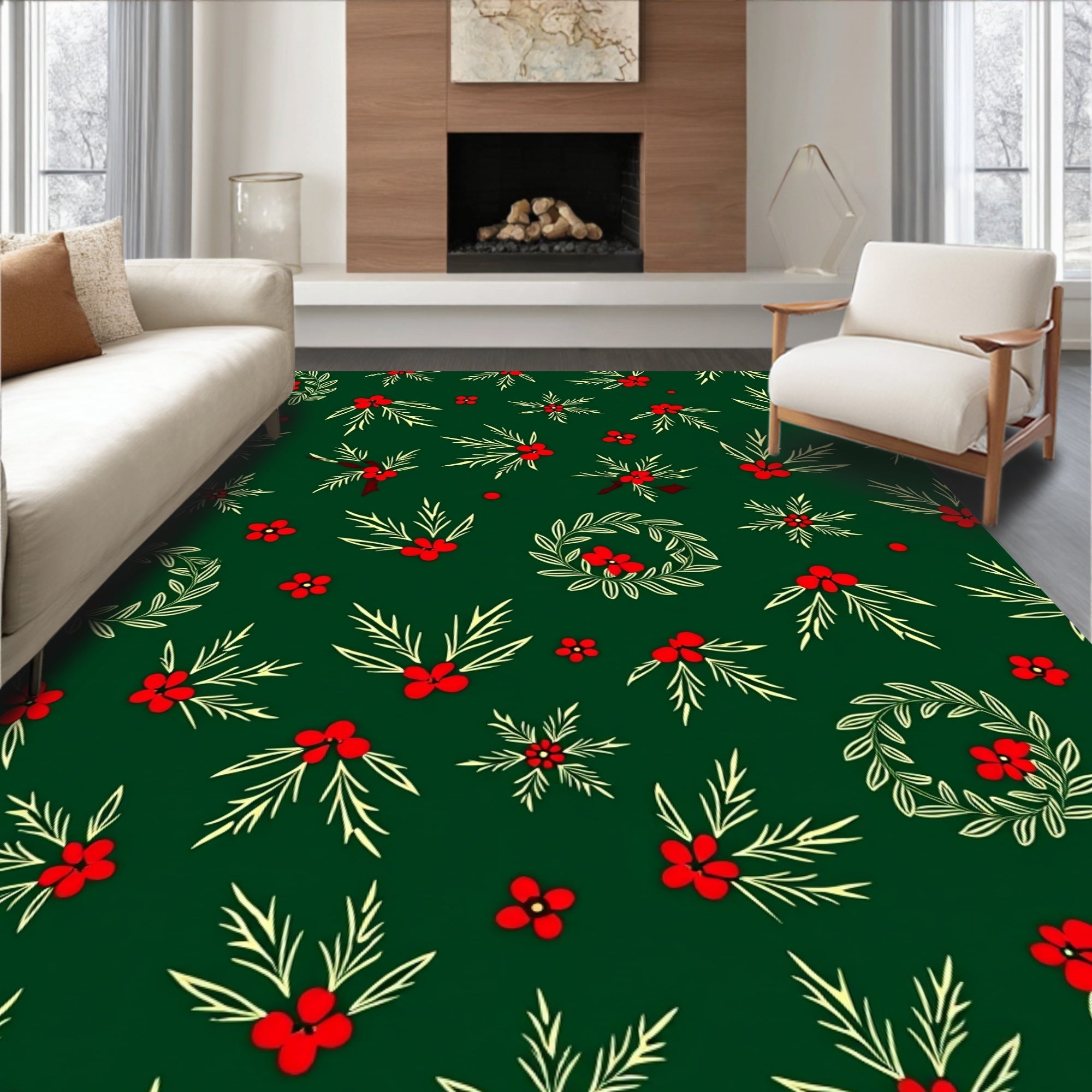 Festive Holiday Berry Holly Wreath Design Rug