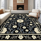 Chic Floral Vines Black Cream Pattern Rug