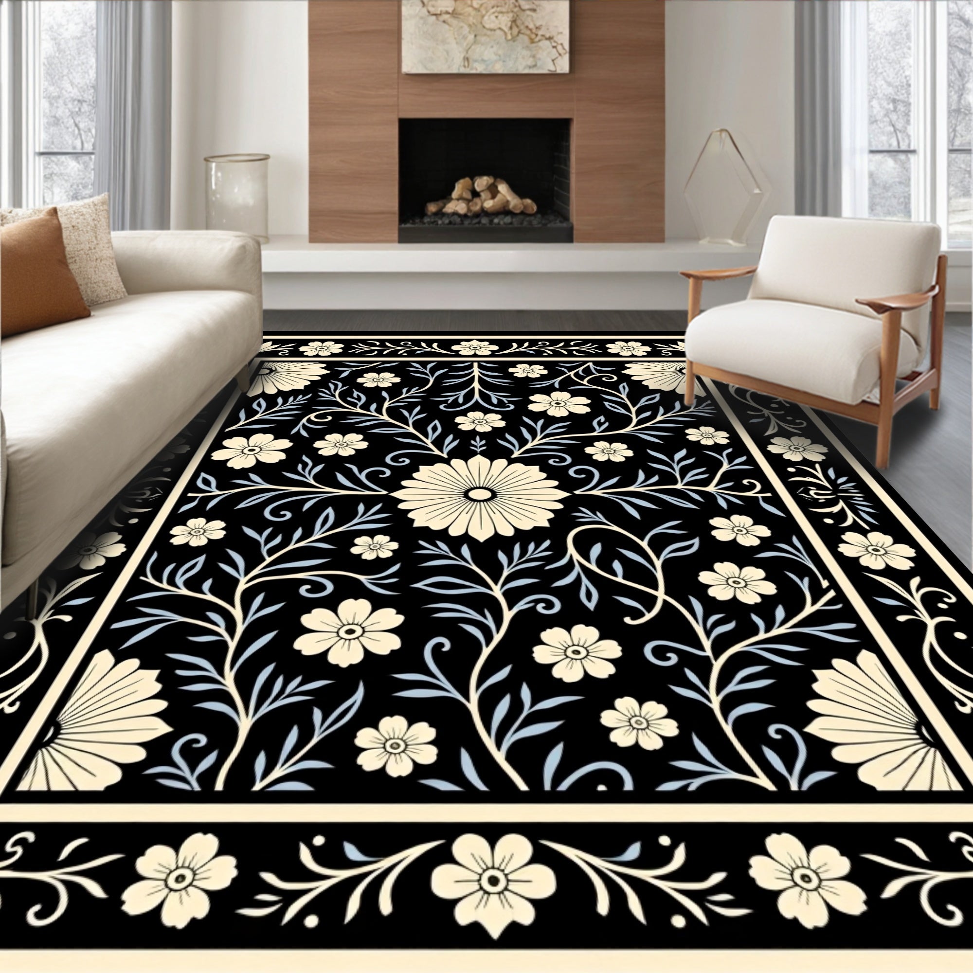 Chic Floral Vines Black Cream Pattern Rug