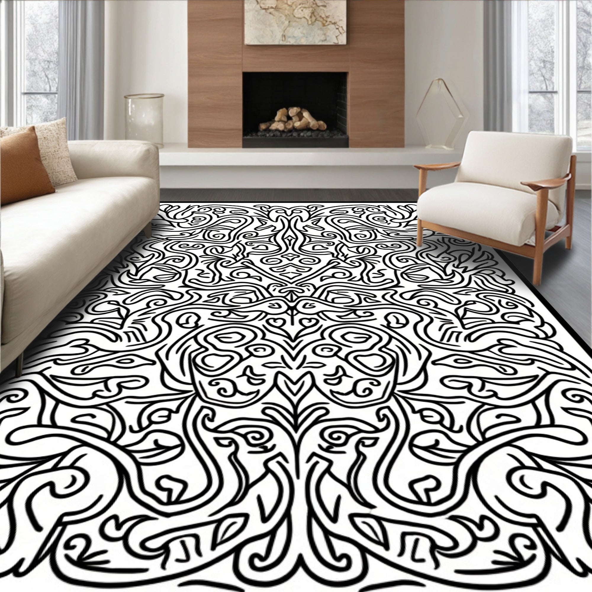 Ornate Black And White Floral Rug