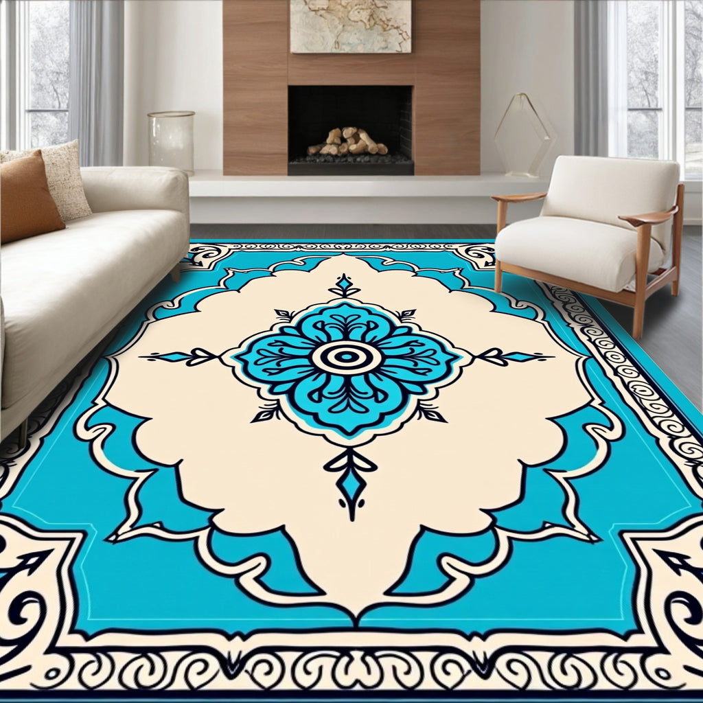 Turquoise And Beige Floral Medallion Rug
