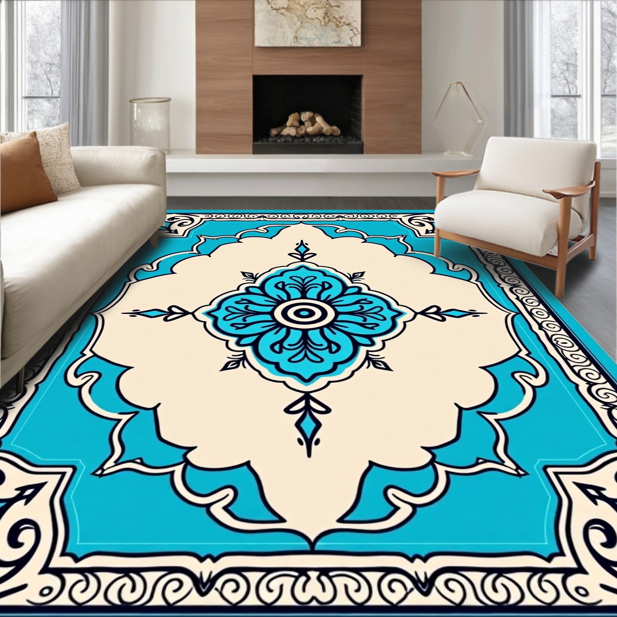 Turquoise And Beige Floral Medallion Rug