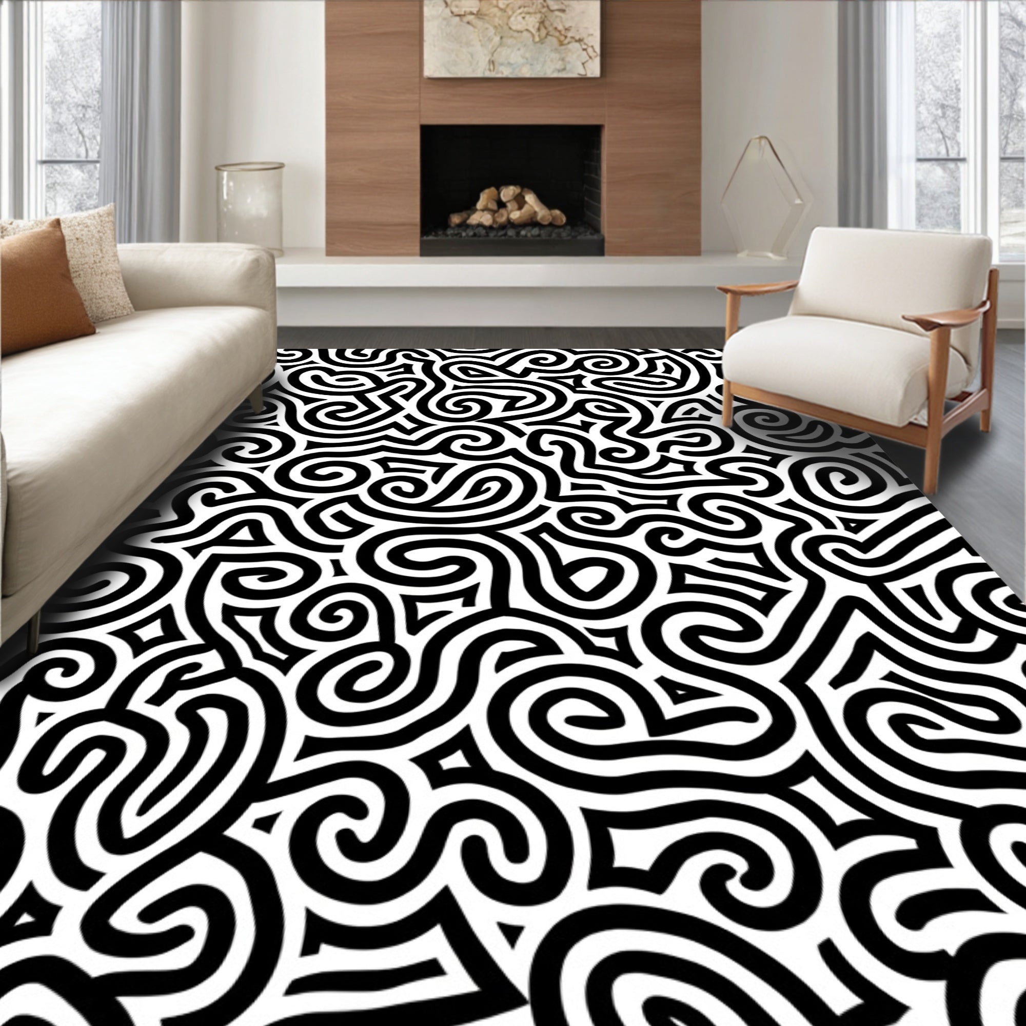 Abstract Black Curve Pattern Rug