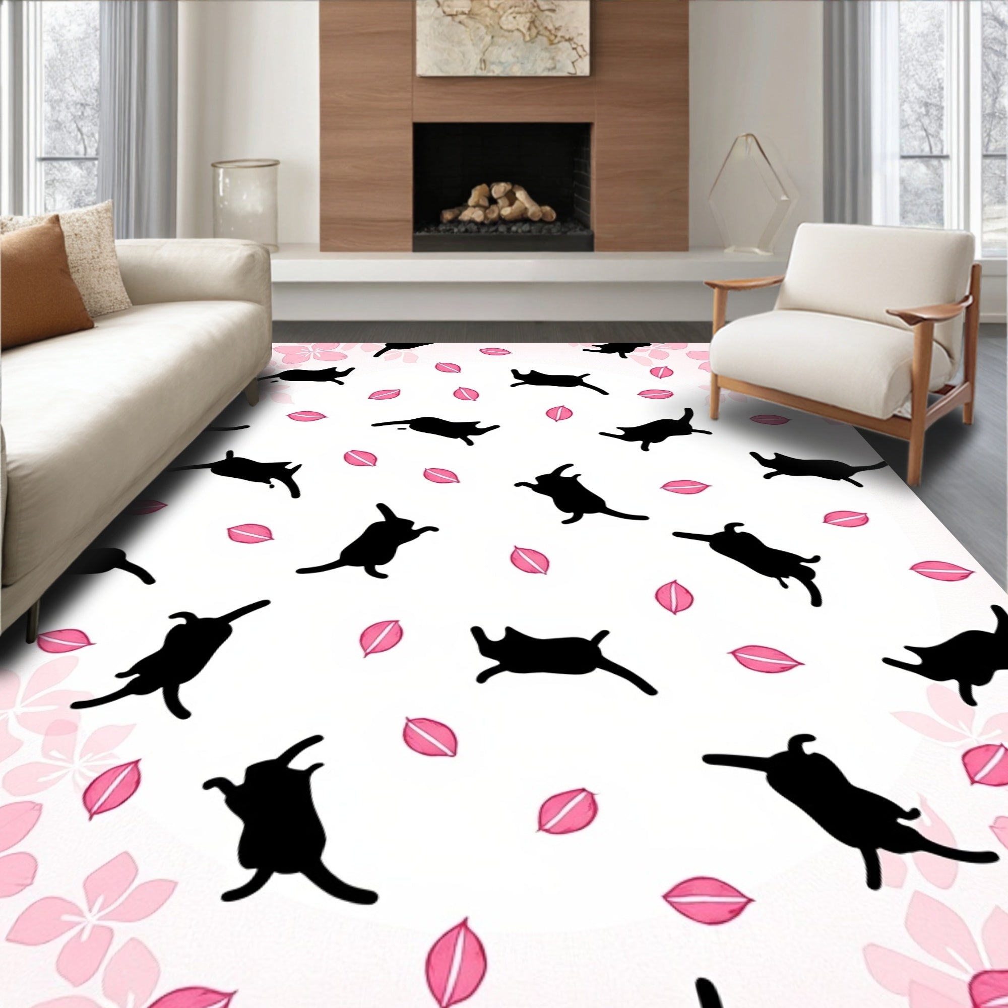 Playful Black Cats Sakura Pattern Rug