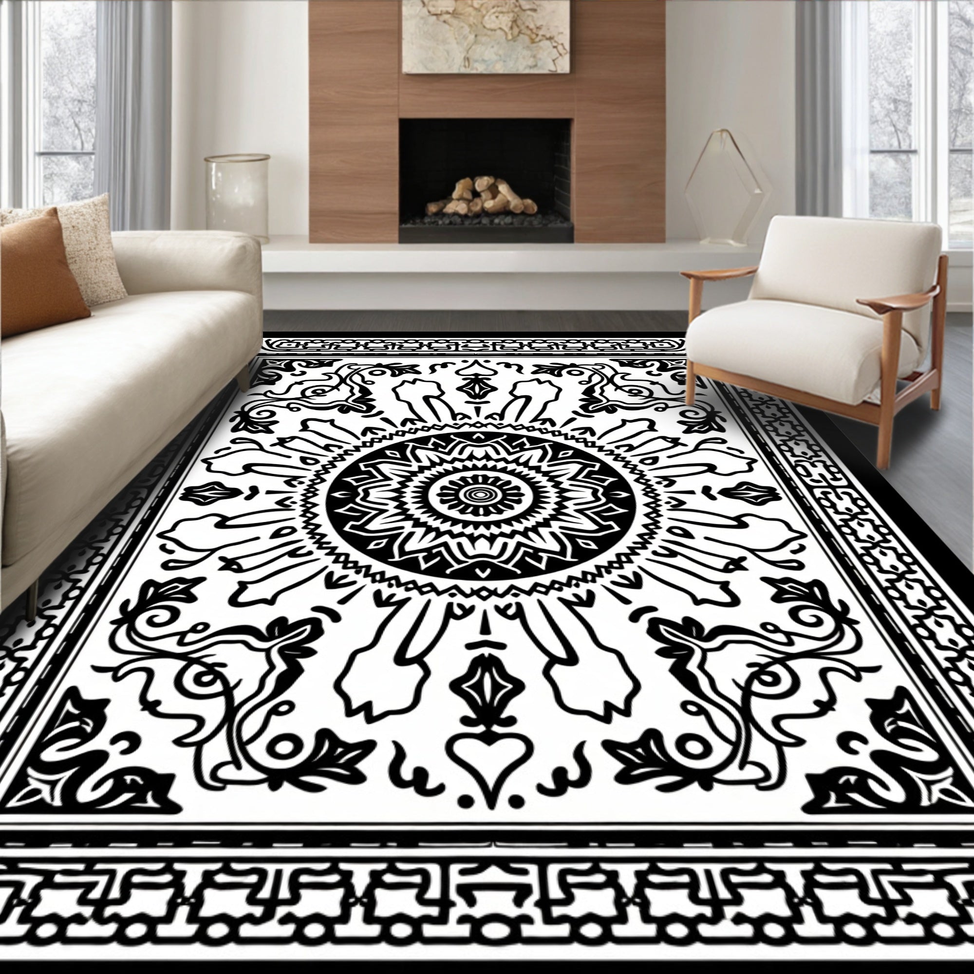Monochromatic Floral Medallion Tile Rug