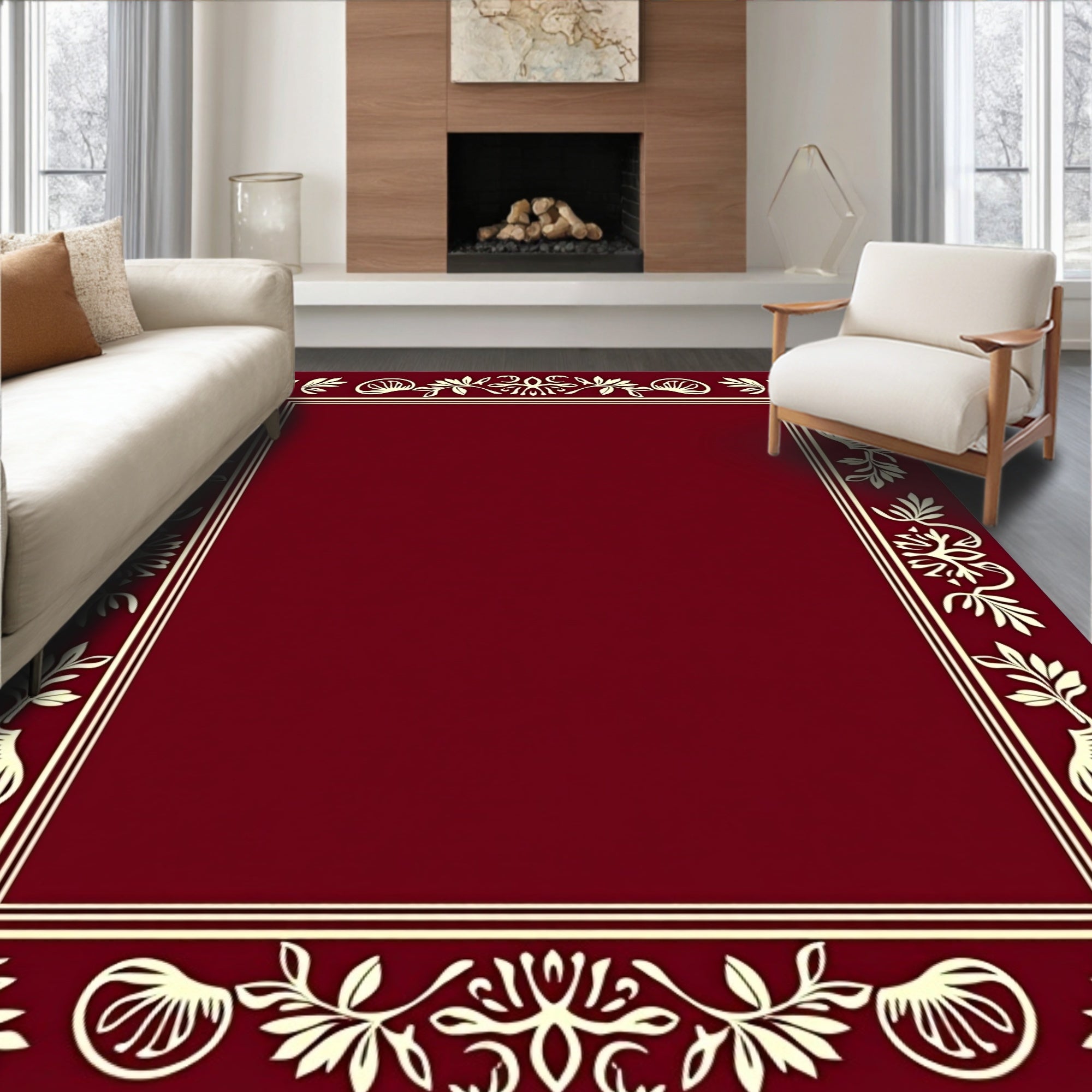 Burgundy Floral Vine Border Rug