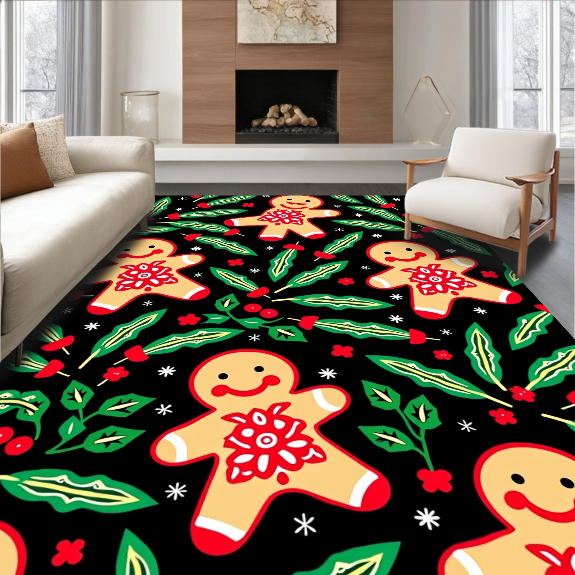 Festive Gingerbread Man Holly Yuletide Rug