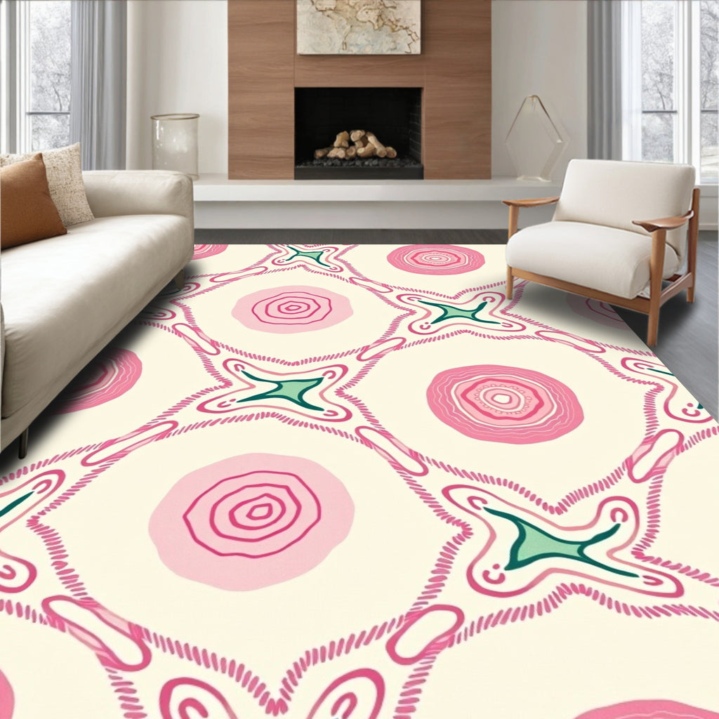Abstract Pink Circles Green Accents Rug
