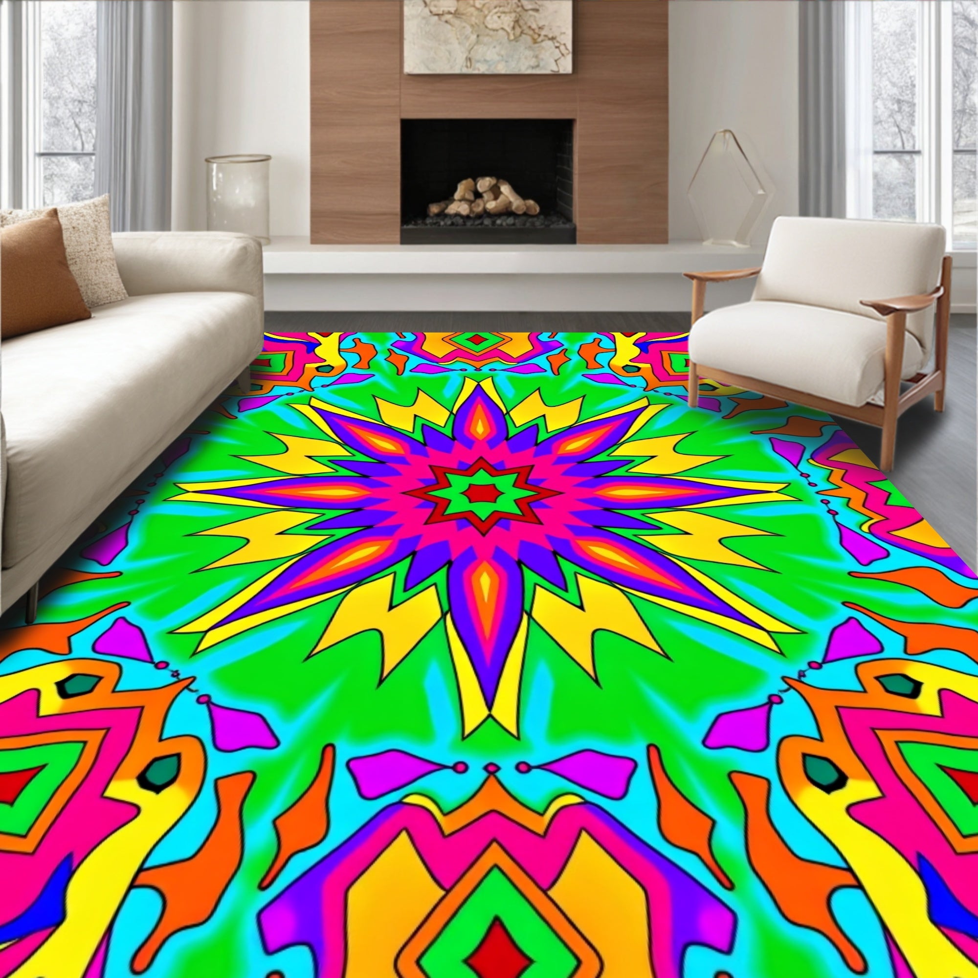 Vibrant Psychedelic Starburst Mandala Design Rug