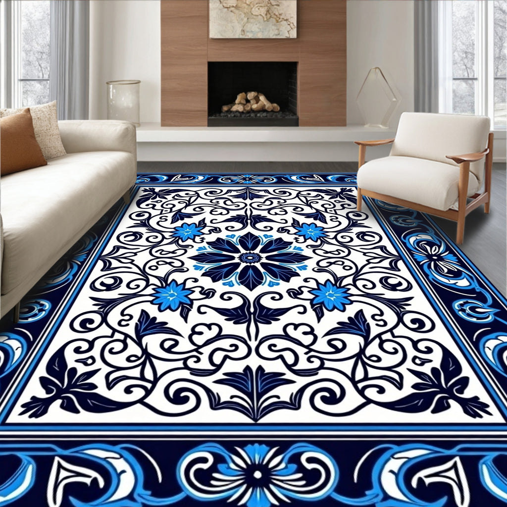 Elegant Blue Floral Intricate Ornament Rug