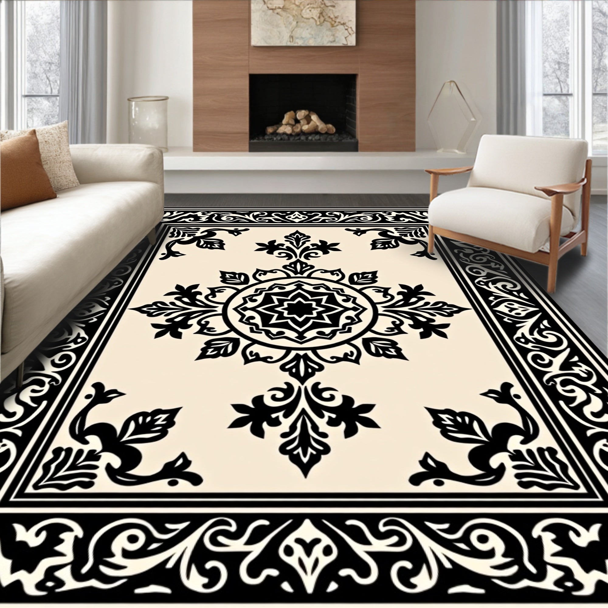 Classic Black Cream Ornate Floral Rug