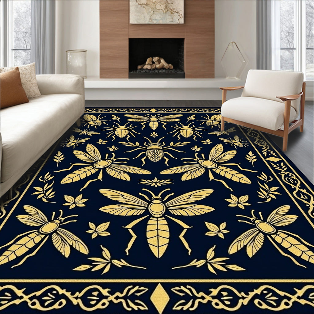 Golden Insects on Navy Blue Field Rug