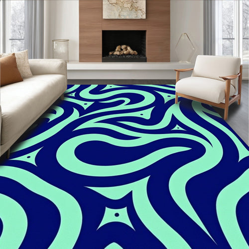 Abstract Swirl Aqua And Navy Pattern Rug