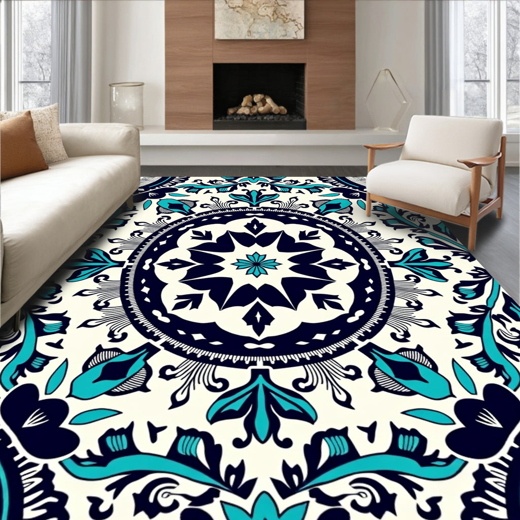 Intricate Teal Floral Mandala Pattern Rug