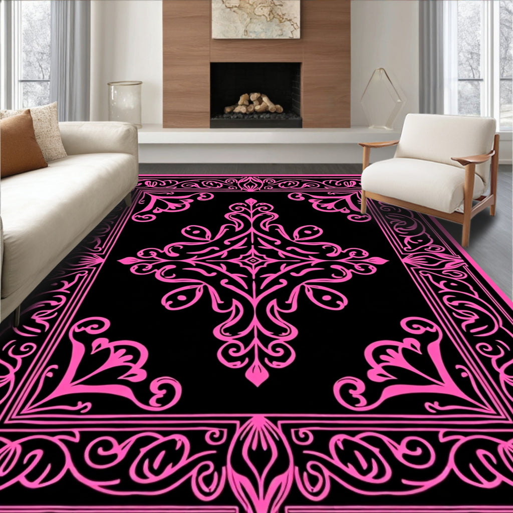 Ornate Pink Black Paisley Pattern Design Rug