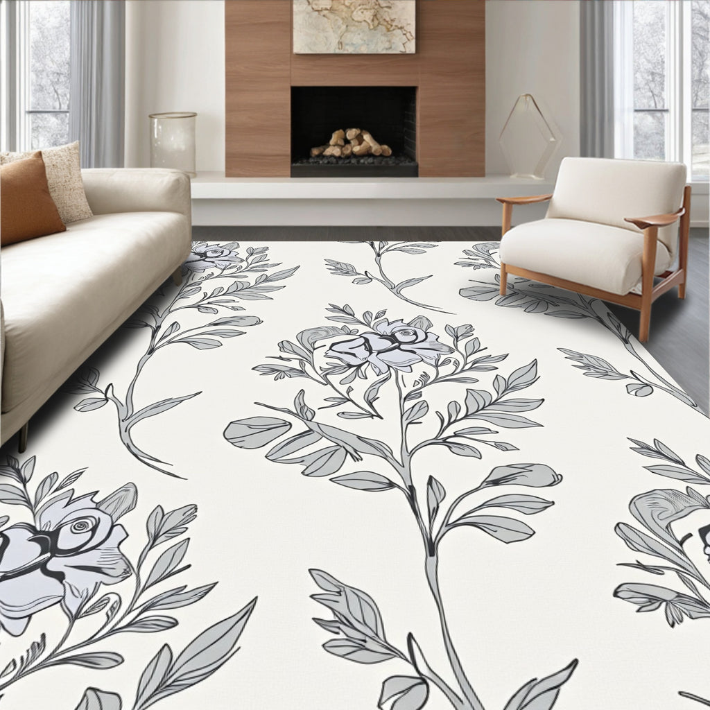 Elegant Floral Vine Line Drawing Rug