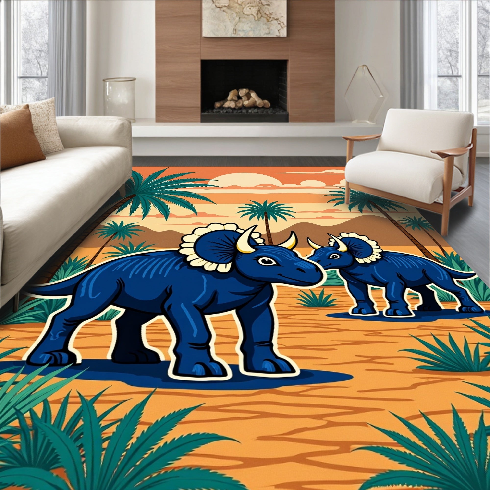 Blue Dinosaur Palm Tree Tropical Landscape Rug