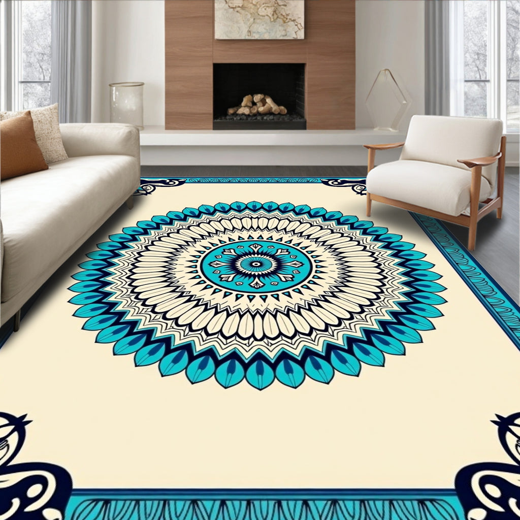 Intricate Teal Mandala Pattern Rug