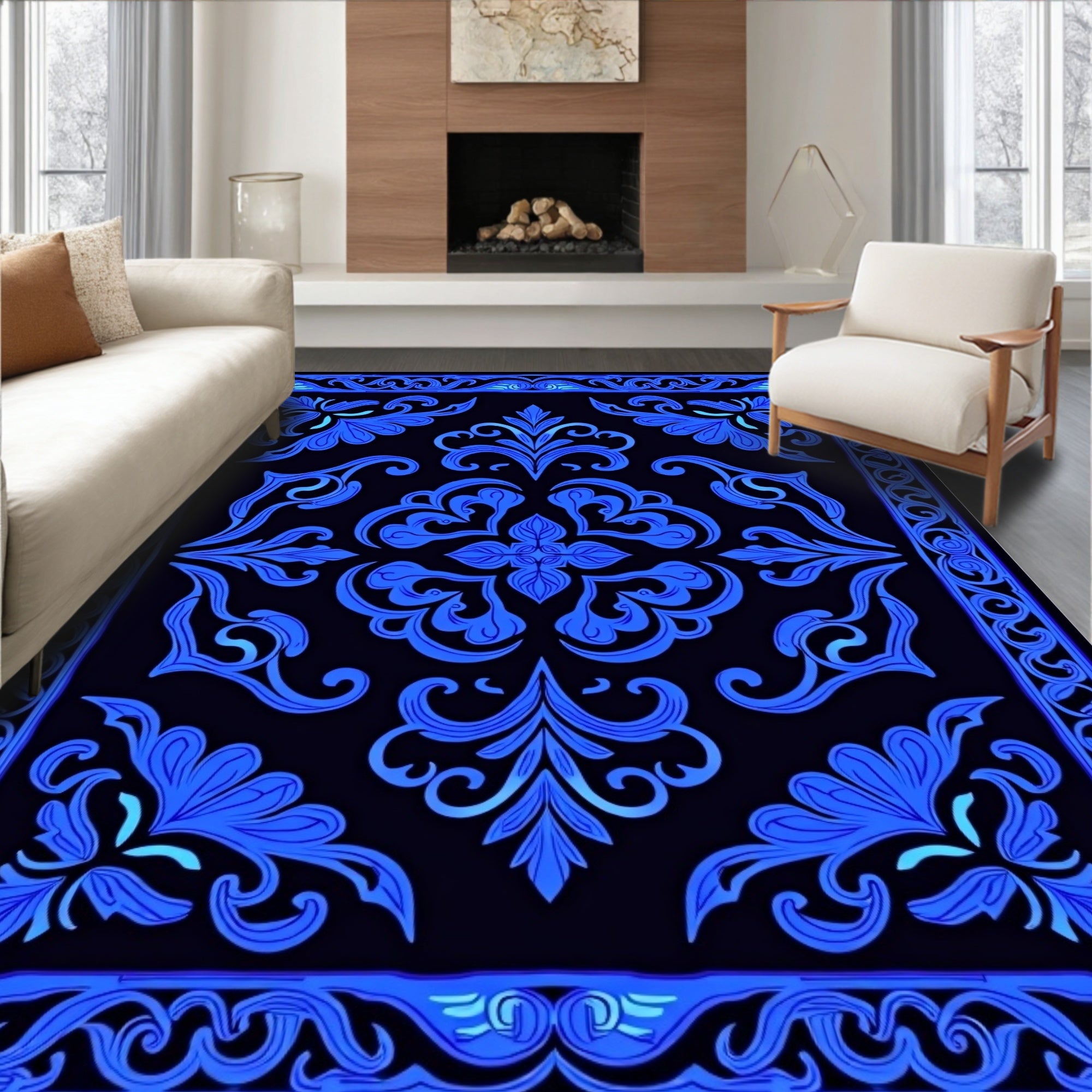 Electric Blue Floral Ornamental Rug